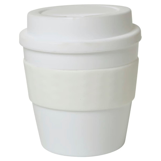 A white Kool 235mL cup with a removable white silicone band and a lid, featuring a simple design.