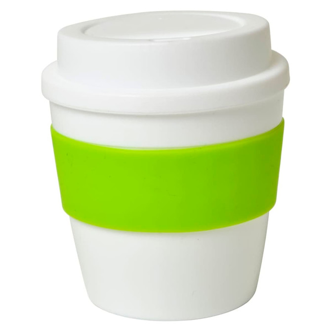 A small white cup with a lime green silicone band and a matching lid, featuring a logo.