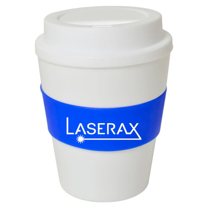 A drink bottle with a white body and blue silicone grip, featuring a logo.