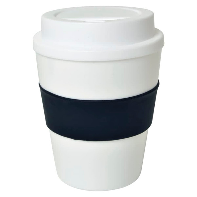 A drink bottle featuring a large white cup with a black silicone sleeve and a lid.
