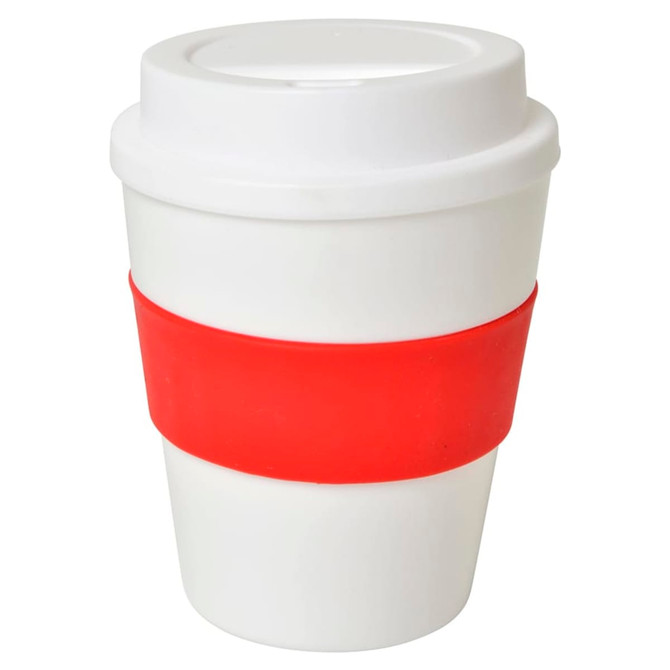 A large, white drink cup with a red silicone band. Features a lid and has a logo.