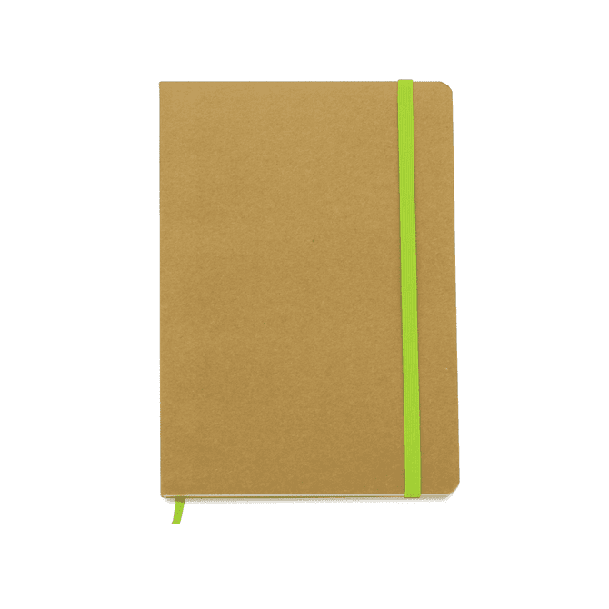 A brown notebook with a green elastic band, featuring a simple, minimalistic design.