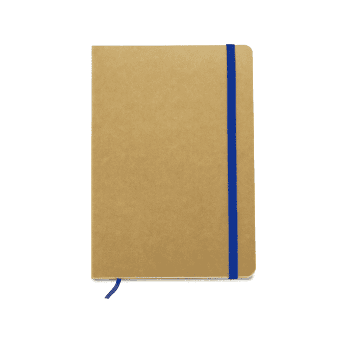 A brown notebook featuring a blue elastic band and a ribbon marker. It has a minimalistic design.