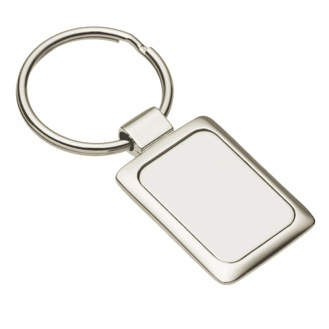 A rectangular silver keychain with a smooth, blank surface and a metal ring attachment.