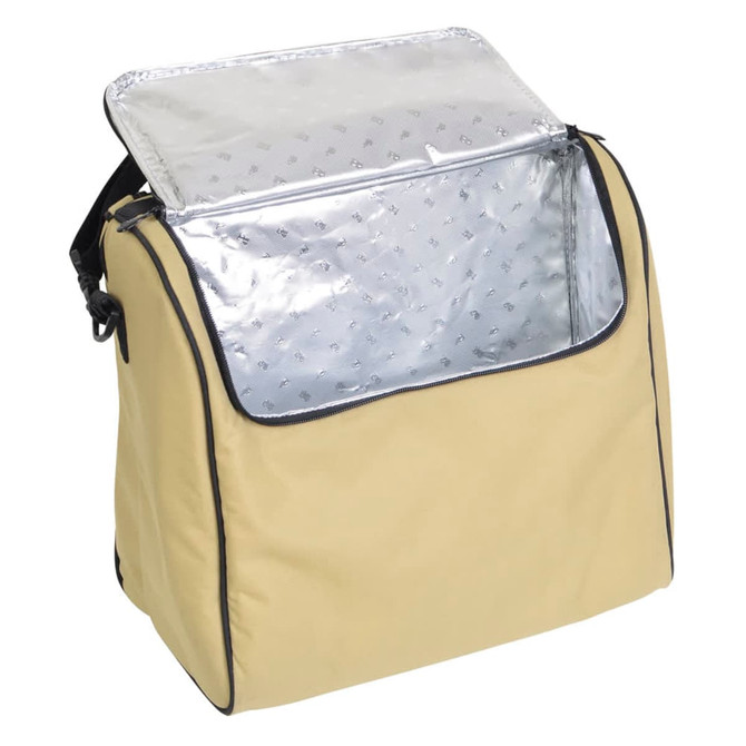 A yellow picnic basket with an insulated silver lining and a shoulder strap, featuring a flap opening.