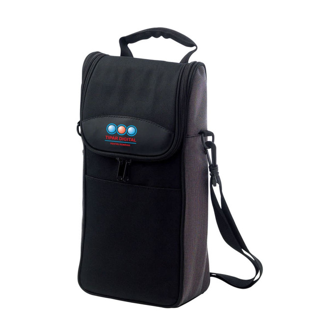 A drink bottle cooler bag in black, featuring a shoulder strap and a logo on the front.