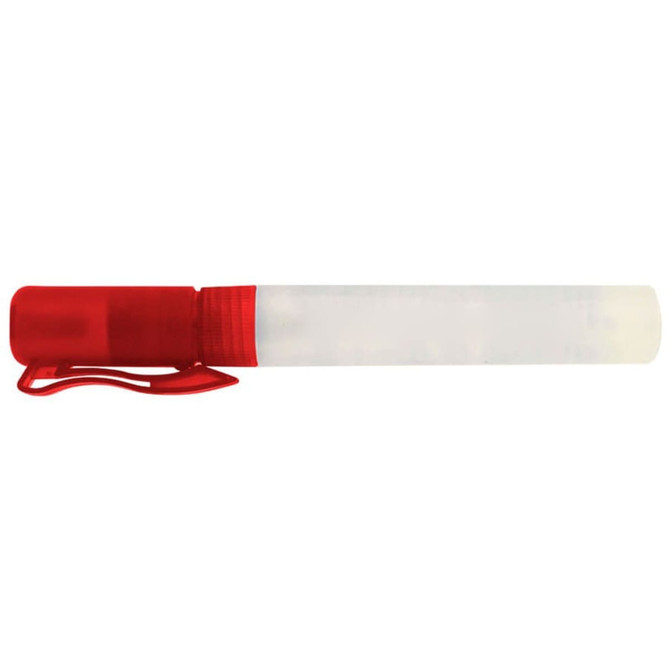 A 10ml sanitiser spray bottle with a clear casing and a red cap and clip. Suitable for carrying and dispensing sanitiser.