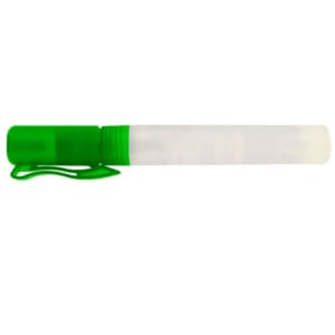 A 10ml sanitiser spray with a clear body and a green cap. It features a clip for easy attachment.