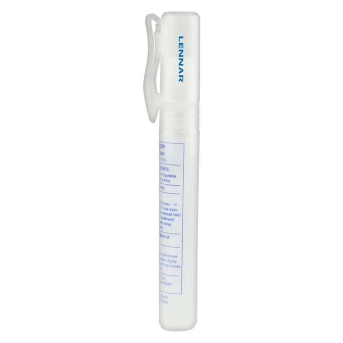 A 10ml sanitiser spray in a transparent white bottle with a clip, featuring blue branding.