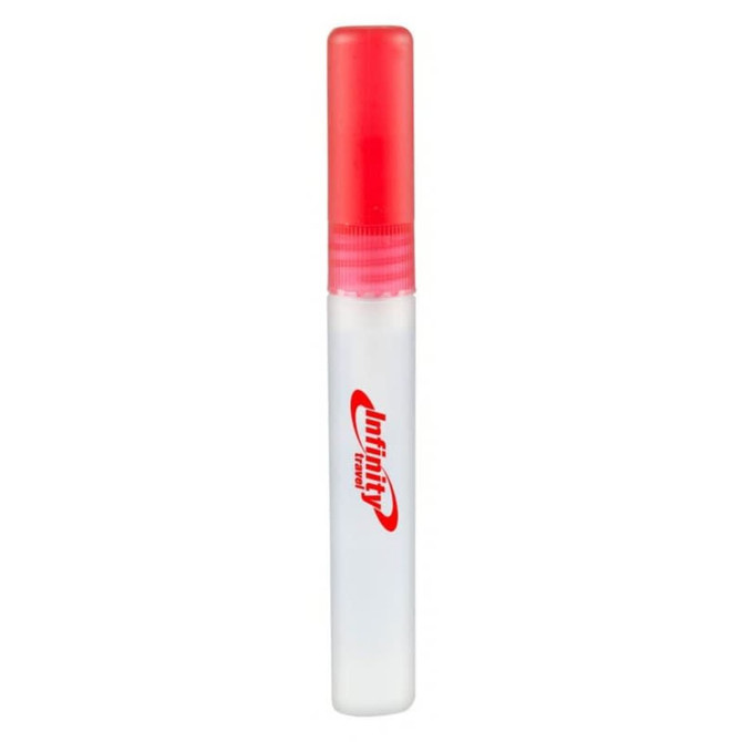 A 10ml sanitiser spray bottle with a clear body and a red cap, featuring a logo on the side.