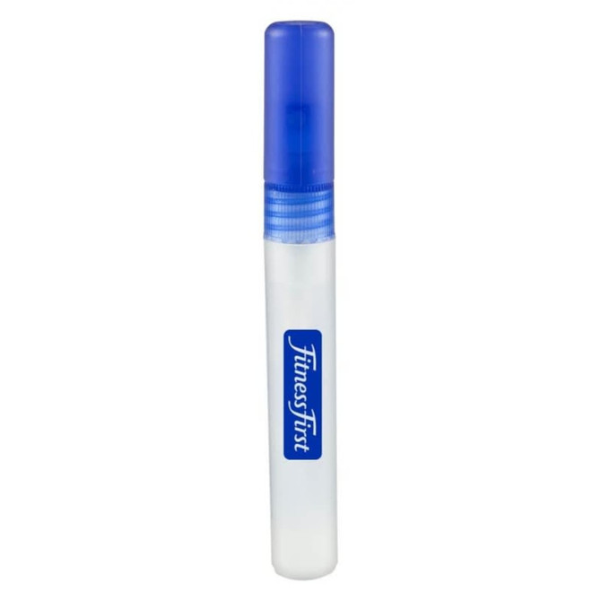 A clear 10ml sanitiser spray bottle with a blue cap and a logo.