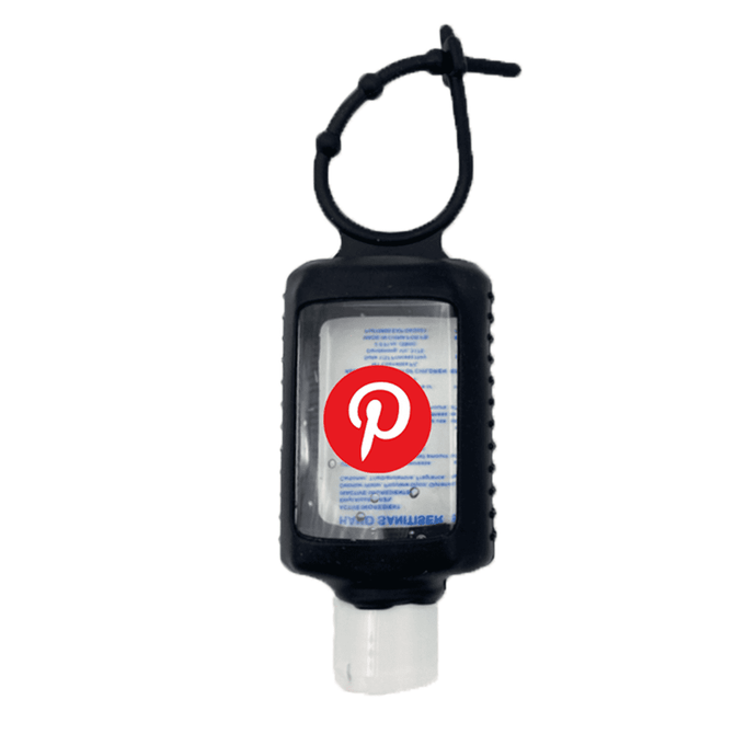 A 60ml hand sanitiser gel in a black silicone soft travel sleeve with a branding logo.