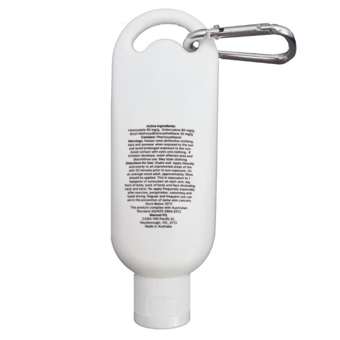 A white 50mL sunscreen bottle with a carabiner attachment, featuring product details on the back.