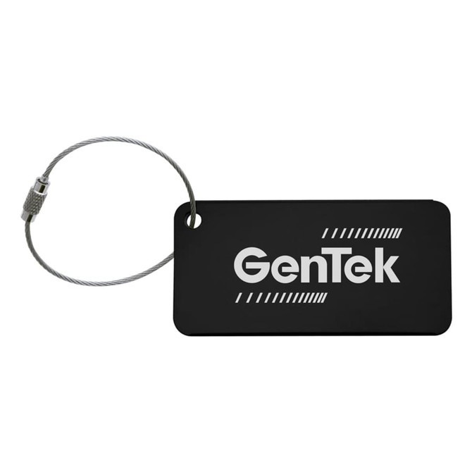 A black luggage tag with a silver attachment, featuring a logo on one side.