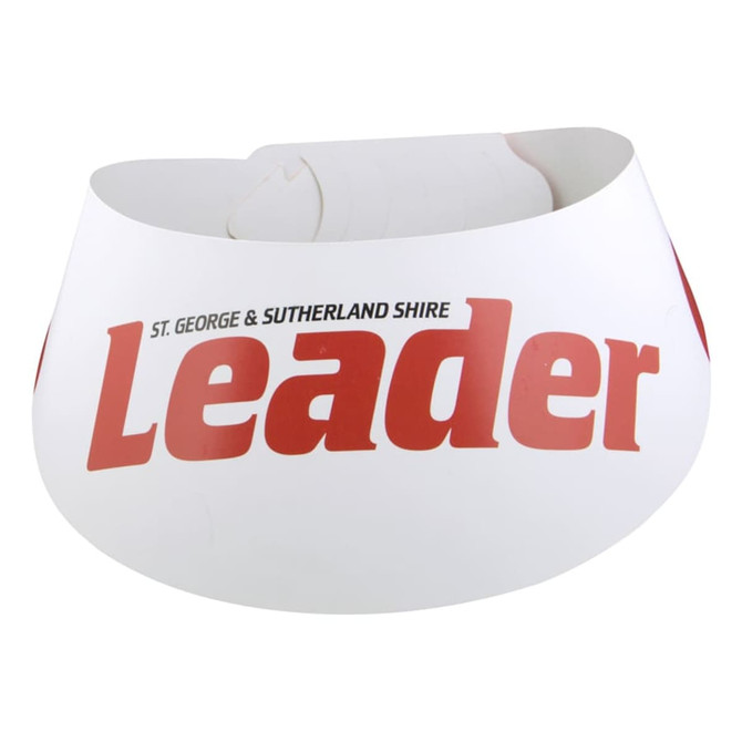 A white sun visor with red text, featuring a logo or branding.