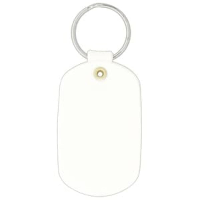 A white oval keychain featuring a metal ring and a simple design. It includes a small branding logo.