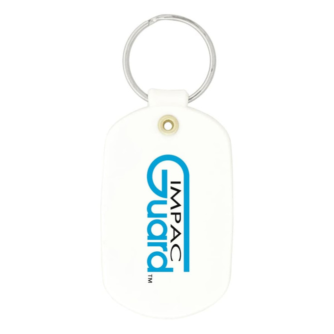 A white oval keychain with a metal ring and a logo on the front.