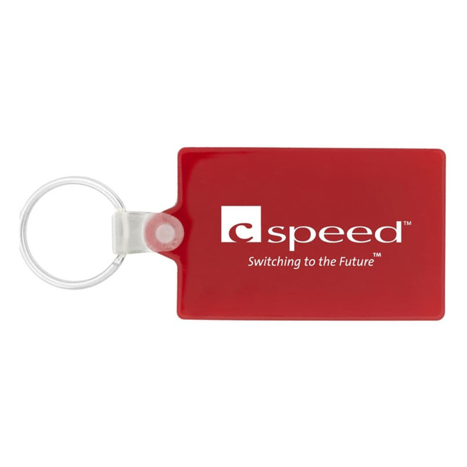 A rectangular red keychain with a silver ring and a logo.