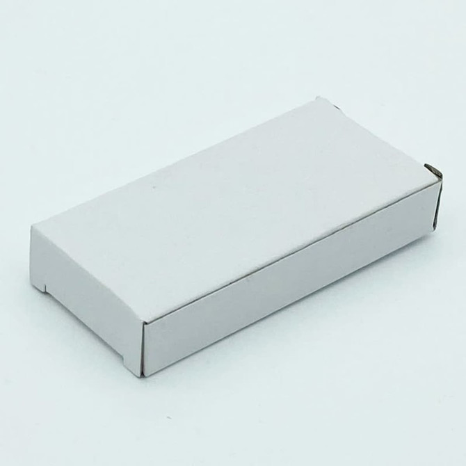 A white rectangular box with a flap closure, suitable for packaging a product.