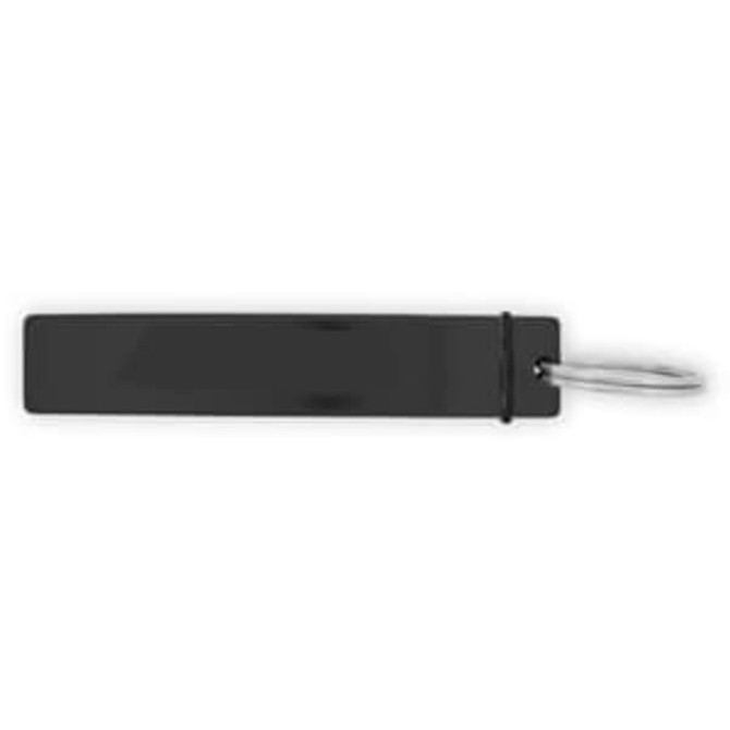 A drink bottle opener in black with a ring attachment for easy carrying. Features a simple, sleek design.