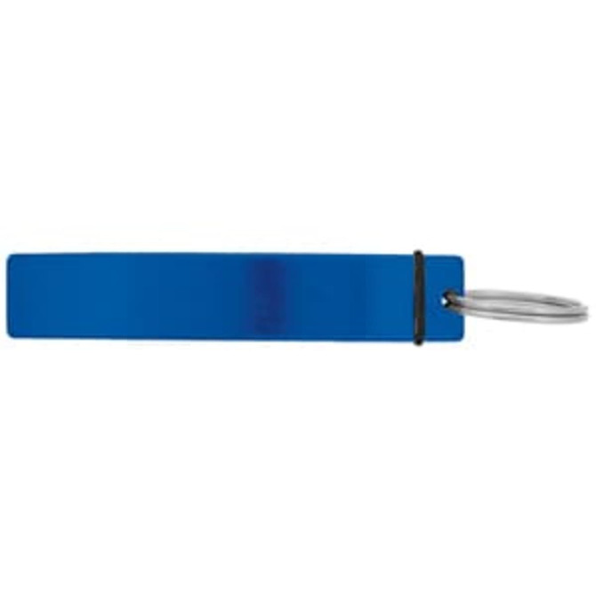 A drink bottle opener in a sleek blue colour, featuring a metal keyring attachment and a simple design.