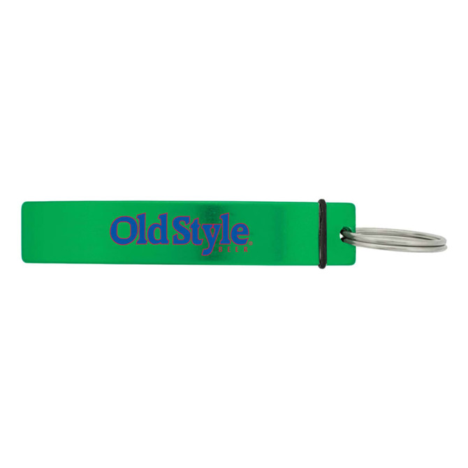 A drink bottle opener in bright green, featuring a logo and a keyring attachment.