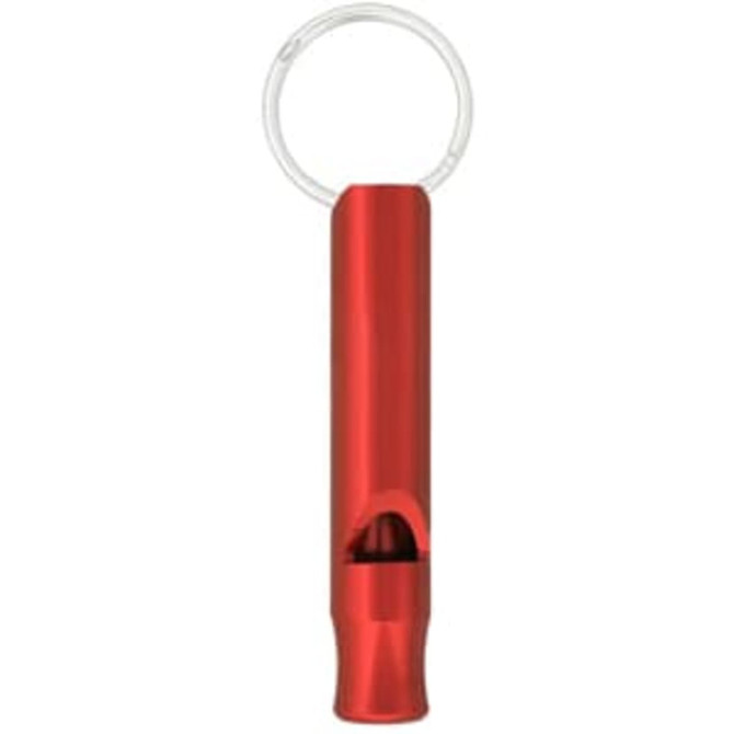 A red aluminium whistle keychain with a metal ring for attachment. It features a sleek, cylindrical design.