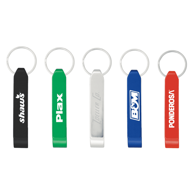 A collection of five bottle openers in black, green, silver, blue, and red, each with a keyring attachment and branding.