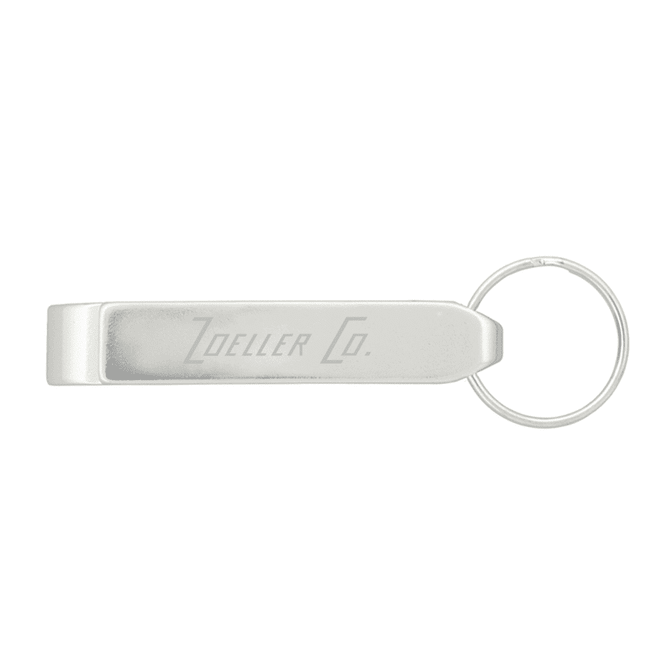 A drink bottle opener in silver with a keyring attachment and engraved branding.
