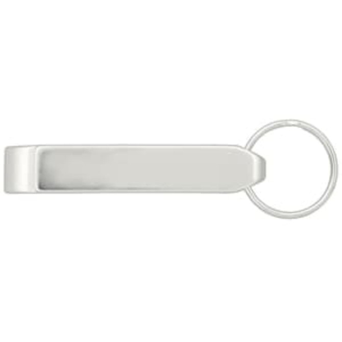 A drink bottle opener in a sleek silver design, featuring a keyring attachment for convenience.