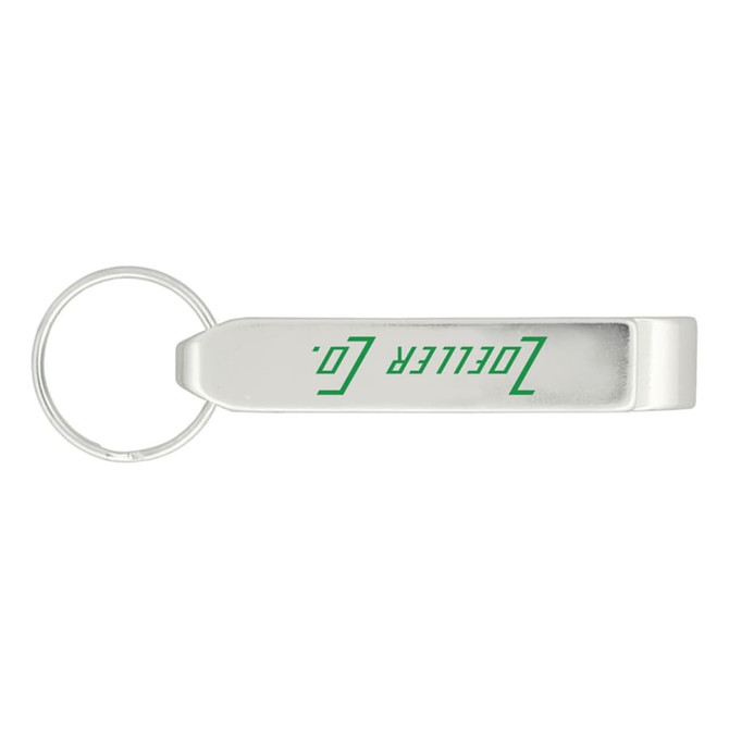 A drink bottle opener in silver with a circular keyring. It features a logo on one side.