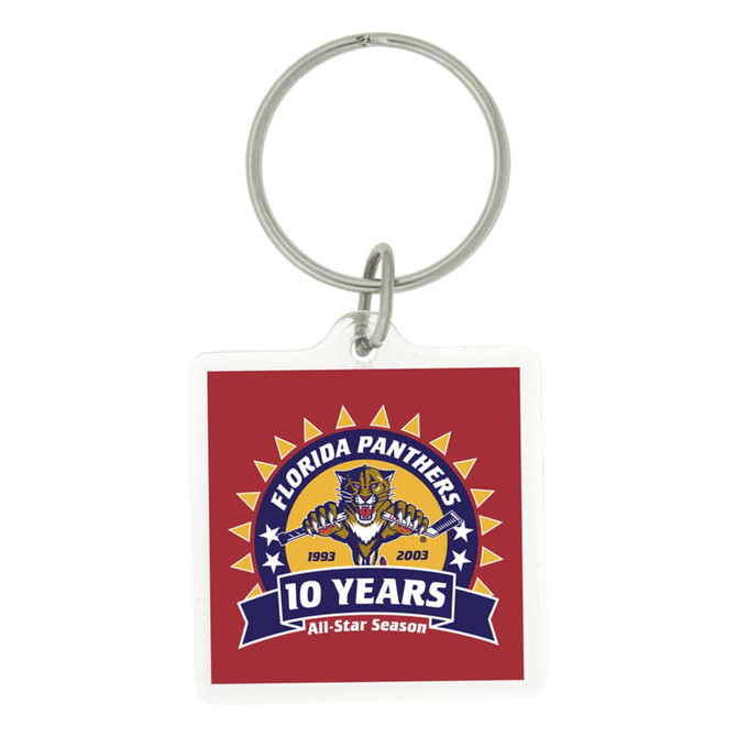 A square acrylic keychain featuring a logo on a red background with a ring for attachment.