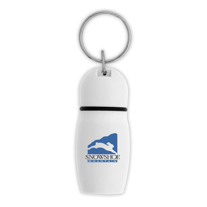 A white hotel keychain in the shape of a drink bottle with a keyring. It features a blue logo.