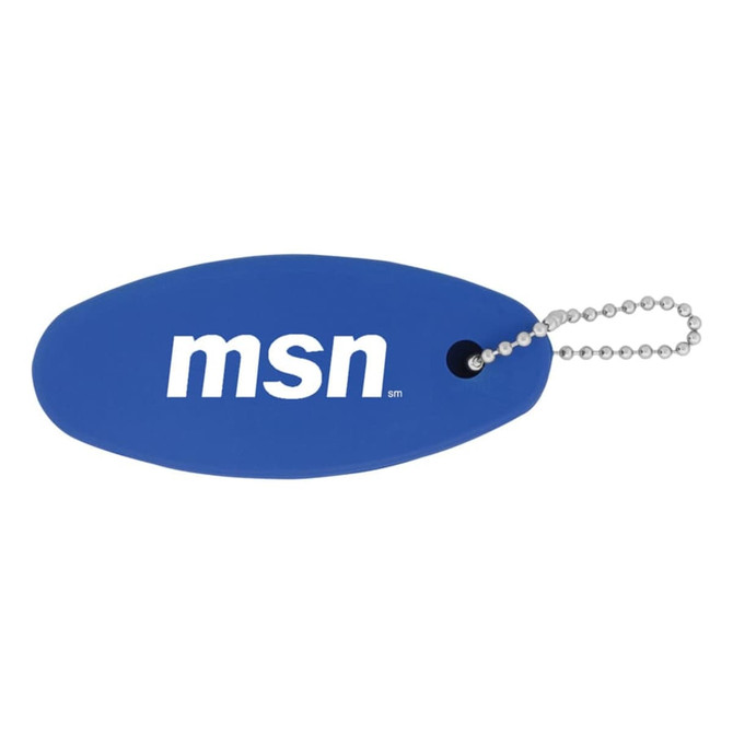 A blue floating keychain with a small chain, featuring a logo.