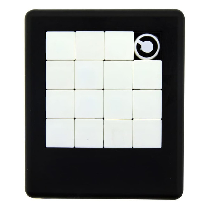 A black puzzle game featuring a grid of white tiles with one missing tile in the corner.