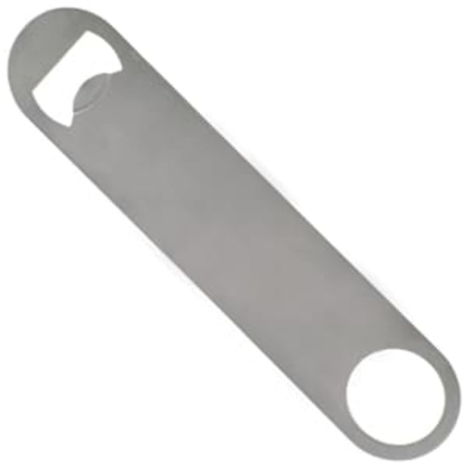 A drink bottle opener in silver stainless steel with a circular end and a bottle cap opening feature.