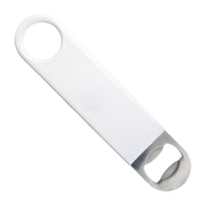 A drink bottle opener in white with a metal bottle cap remover, featuring a circular handle.