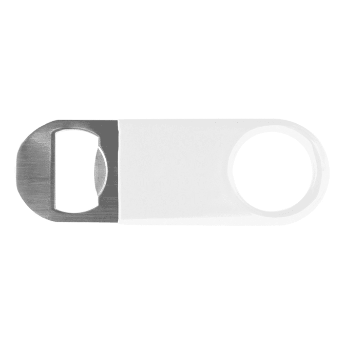 A drink bottle opener featuring a silver metal opener and white vinyl handle, with a logo on the handle.