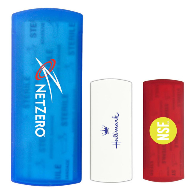 Three bandage dispensers in blue, white, and red, featuring logos but no specific text or markings.