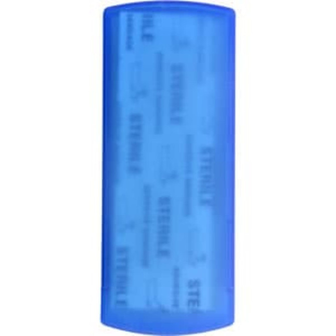 A blue bandage dispenser with a logo, featuring a transparent section that reveals bandages inside.