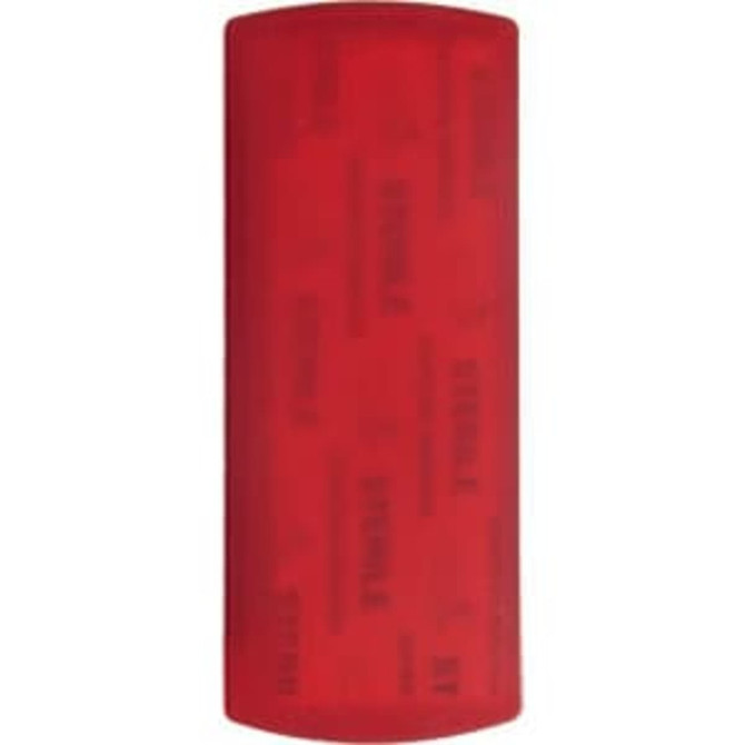 A red bandage dispenser with a smooth surface and a logo, designed for storing bandages.