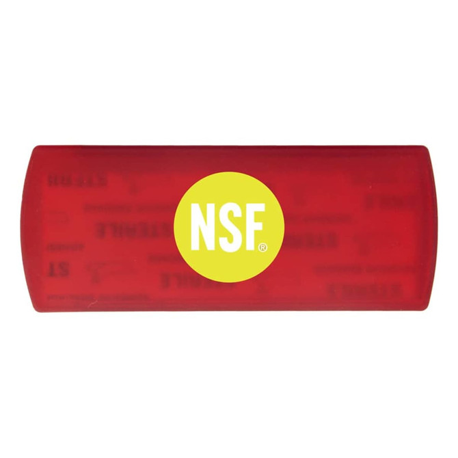 A red bandage dispenser featuring a circular logo in the centre.