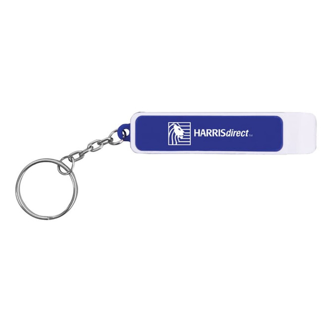 A drink bottle opener in blue and white with a keyring attachment, featuring a logo on its side.