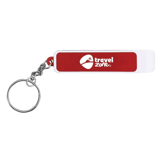 A drink bottle opener in red and white, featuring a keychain attachment and a logo.