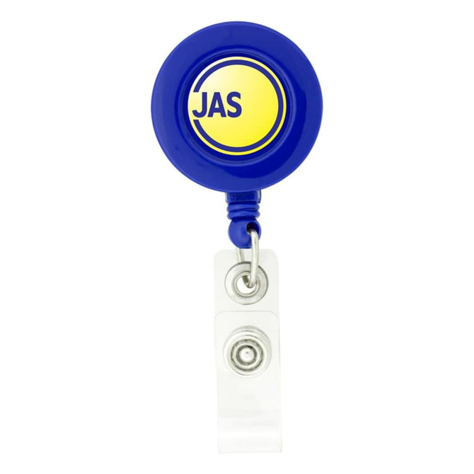 A round badge holder in blue with a white clip and a circular logo at the top.