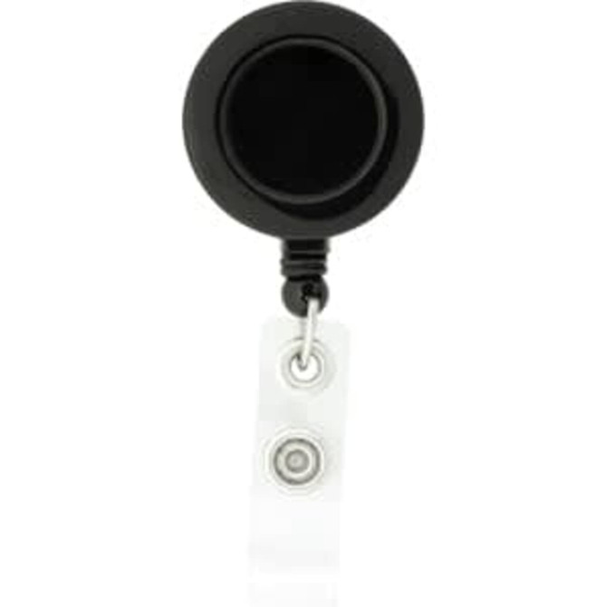 A round black badge holder with a clear retractable strap and metal clip. Features a logo on the front.