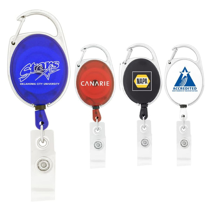 Four retractable badge holders in blue, red, black, and clear, each with a different logo and a clip for attachment.