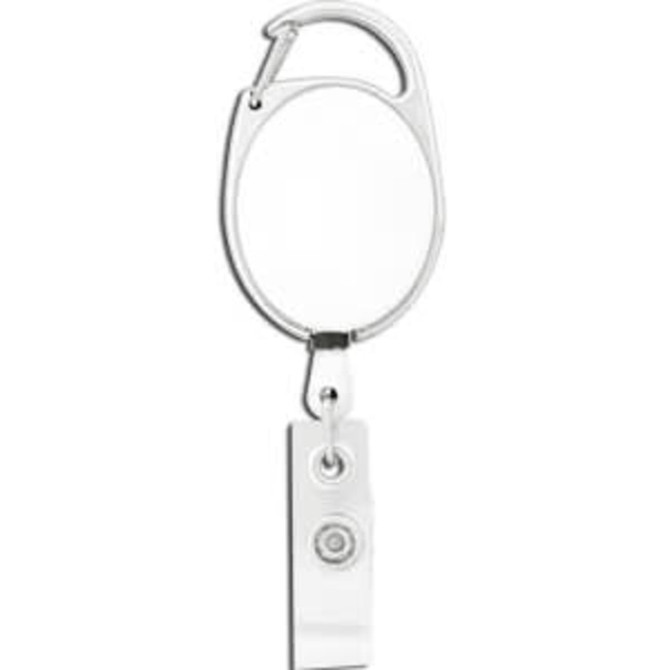 A retractable badge holder featuring a silver clip and a clear retractable cord for easy access.
