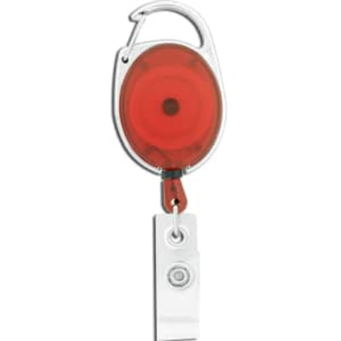 A red retractable badge holder with a silver clip and clear components, featuring a logo on the surface.