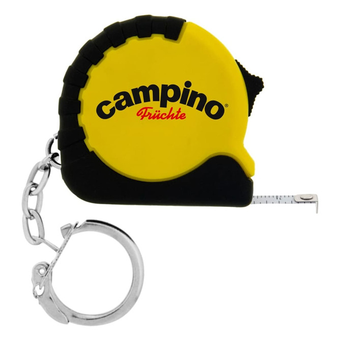 A yellow and black mini tape measure with a keychain attached and a branding logo.